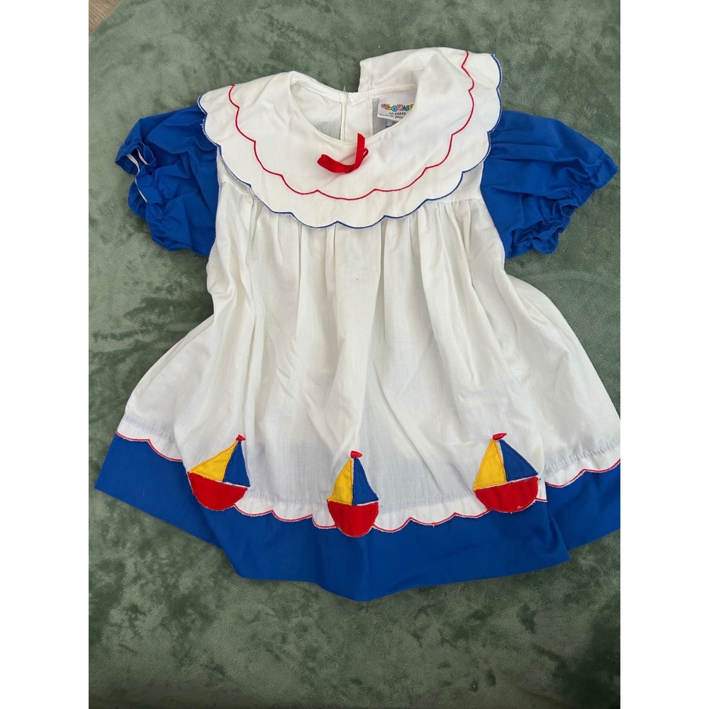 Vintage Kids Stuff Nautical Sailboat‎ Dress Blue White Scalloped 24m Nostalgia